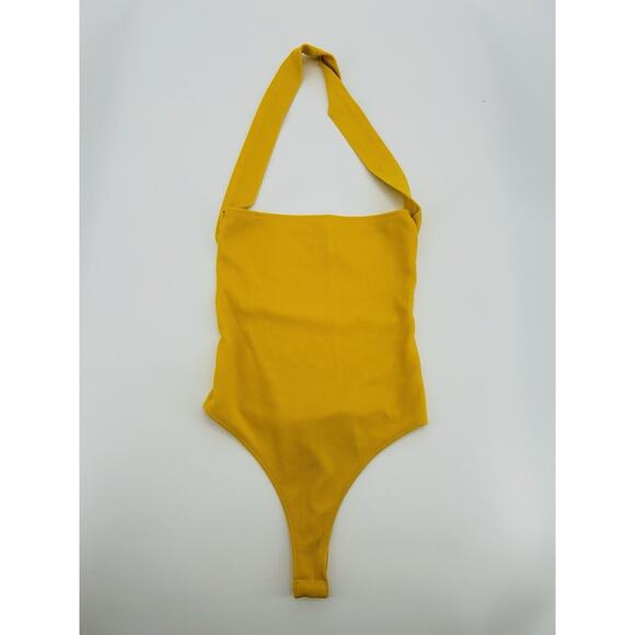 ASOS DESIGN Crossover Rib Halter Bodysuit in Yellow - Picture 1 of 5